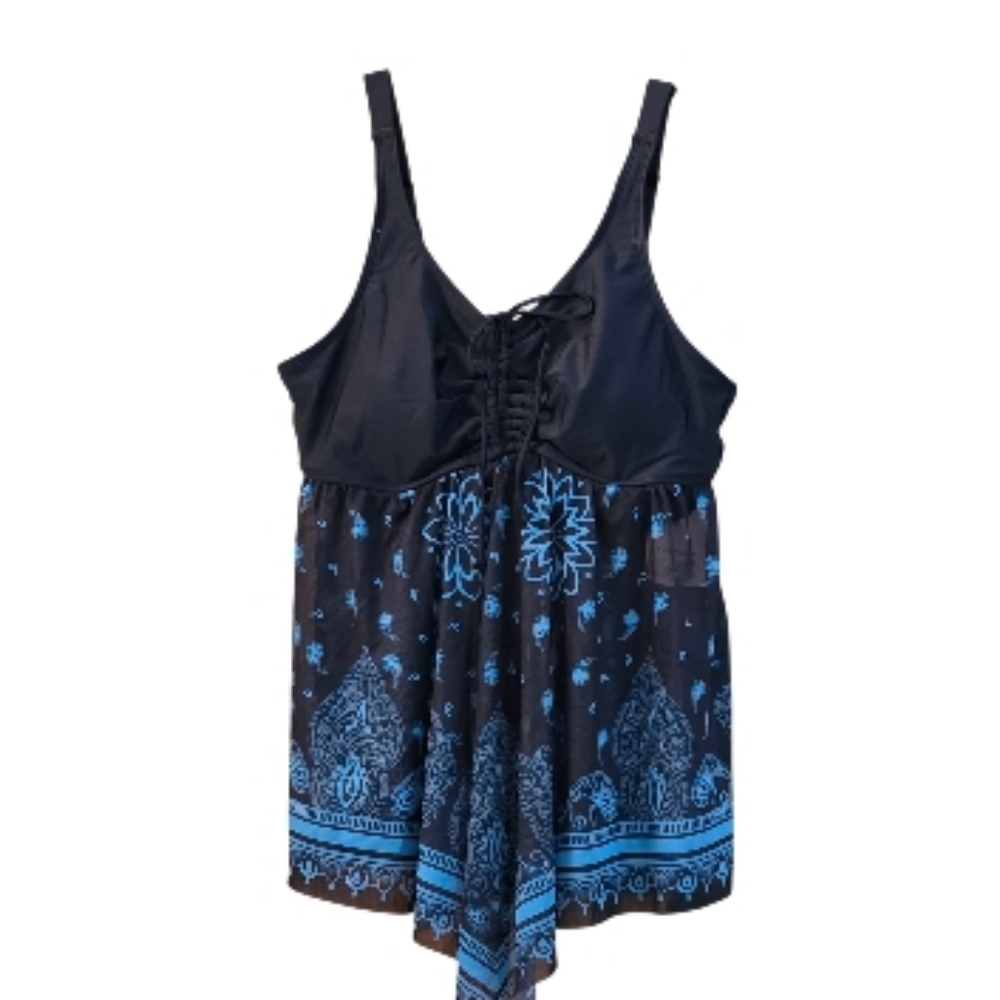 BloomChic Swim Top. Hanky Hem Full Coverage.Black & Blue Patterned. 1x Womans